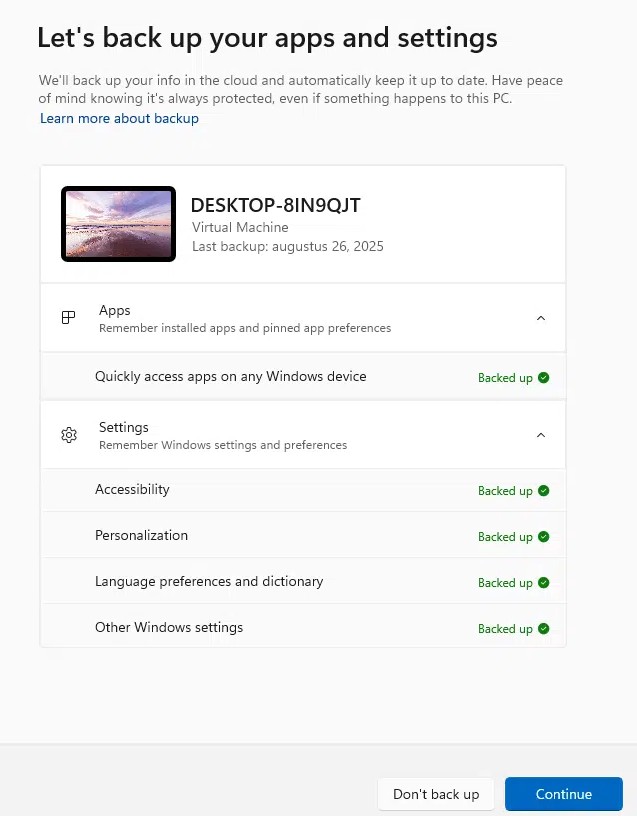 Windows Backup Settings