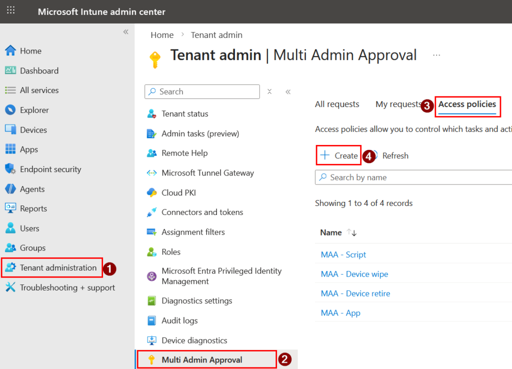 Microsoft Intune Admin Center Multi-Admin Approval Konfiguration für Scripts, Device Wipe, Device Retire und Apps