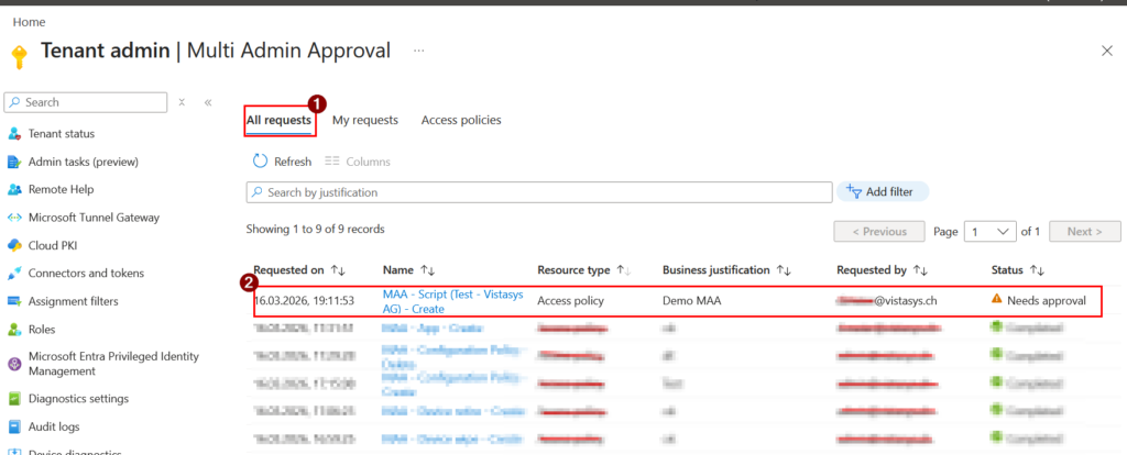 Microsoft Intune Multi-Admin Approval Übersicht mit offenen Genehmigungsanfragen im Intune Admin Center