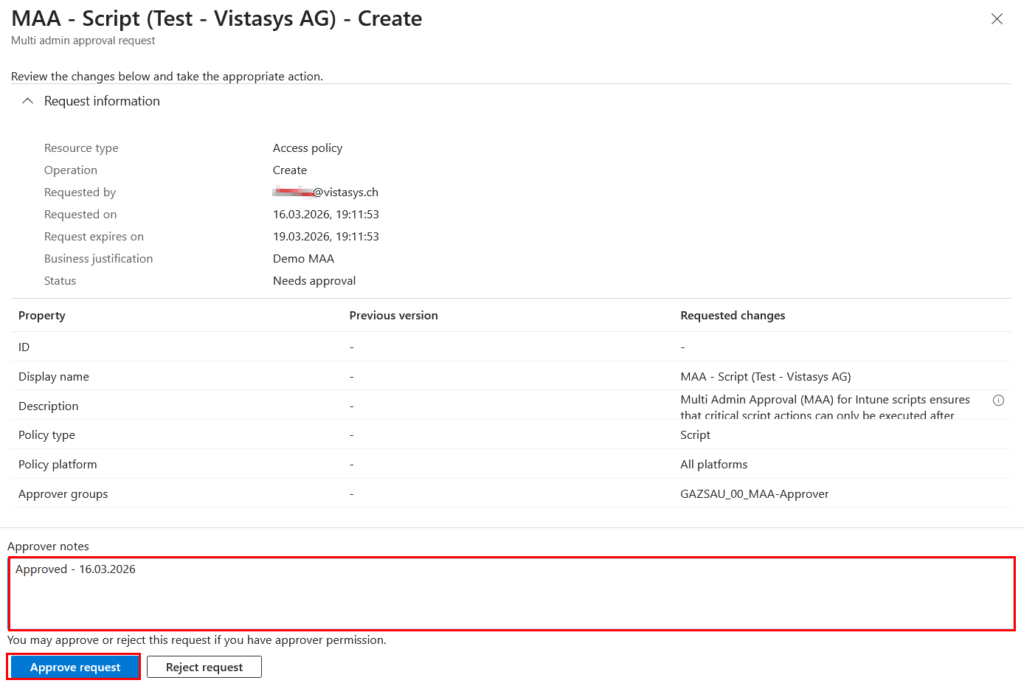 Microsoft Intune Multi-Admin Approval Detailansicht mit Genehmigung einer Access Policy im Intune Admin Center