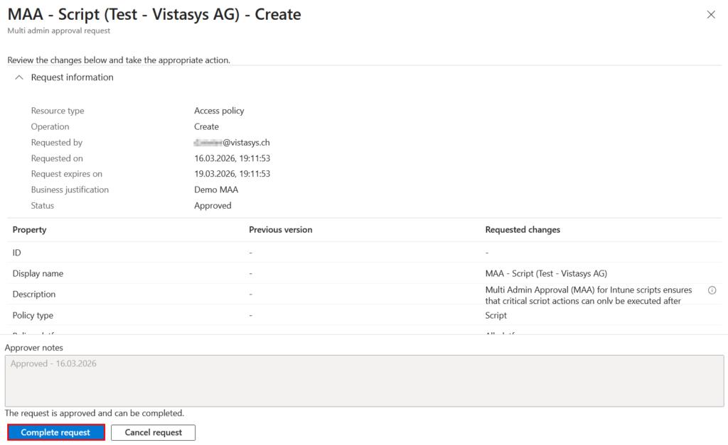 Microsoft Intune Multi-Admin Approval Anfrage genehmigt mit Option „Complete request“ im Intune Admin Center
