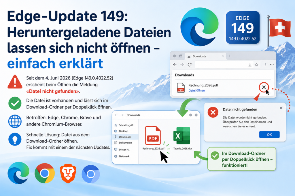 Infografik zum Edge-Update 149: Downloads zeigen «Datei nicht gefunden», lassen sich aber im Download-Ordner öffnen.